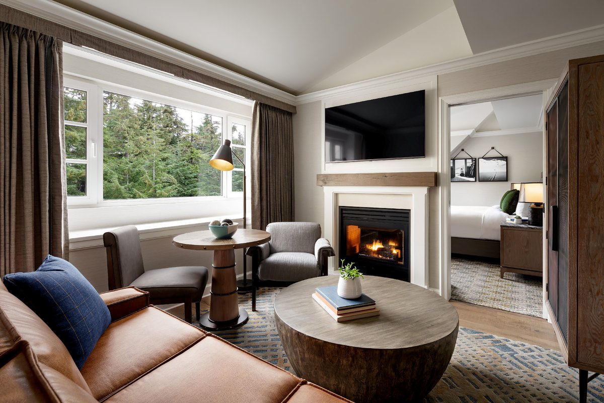 Fairmont Chateau Whistler Gold Floor - Junior Suite sofa and fireplace